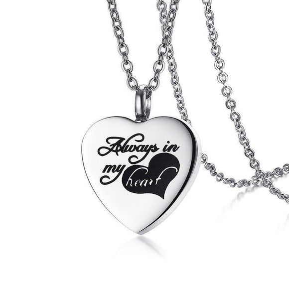 Always in my heart silver memorial cremation necklace