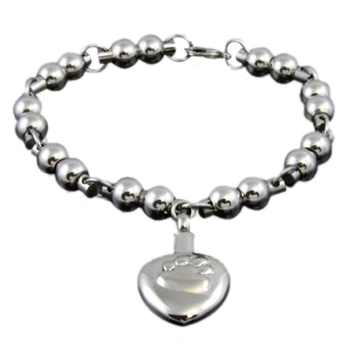 Silver Heart with paw print cremation memorial bracelet