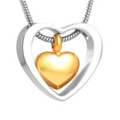 Silver Open heart with small gold heart cremation memorial pendant necklace