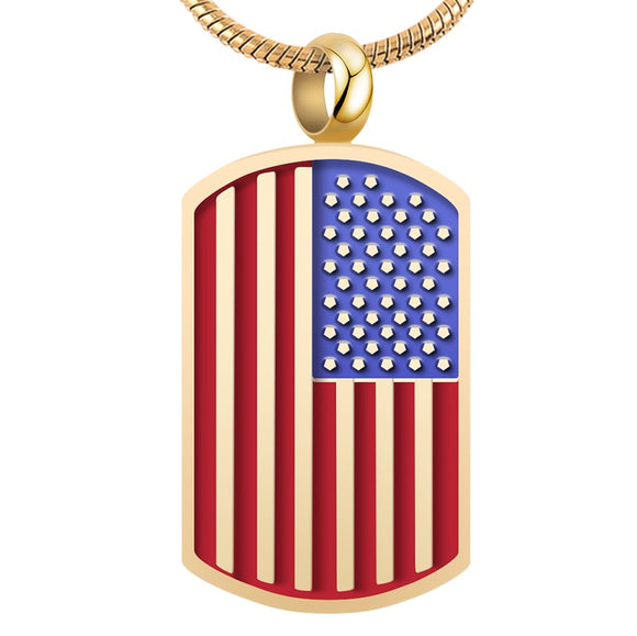 Gold American Flag Dog Tag Cremation Memorial Pendant Necklace