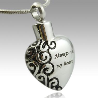 Always in my heart silver with black design cremation memorial pendant necklace