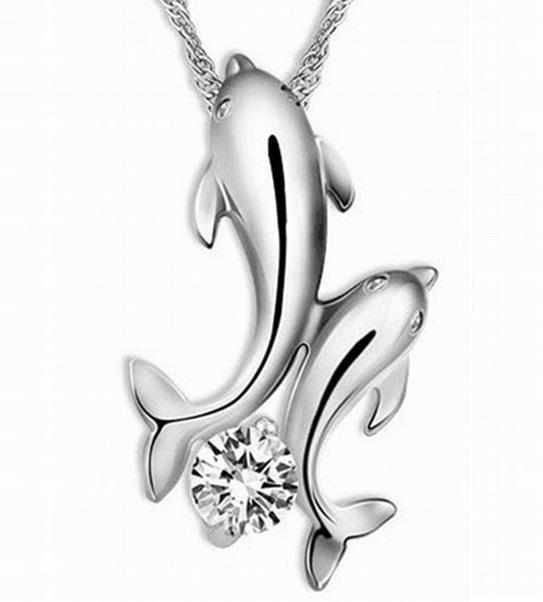 two silver dolphins with crystal cremation memorial pendant necklace