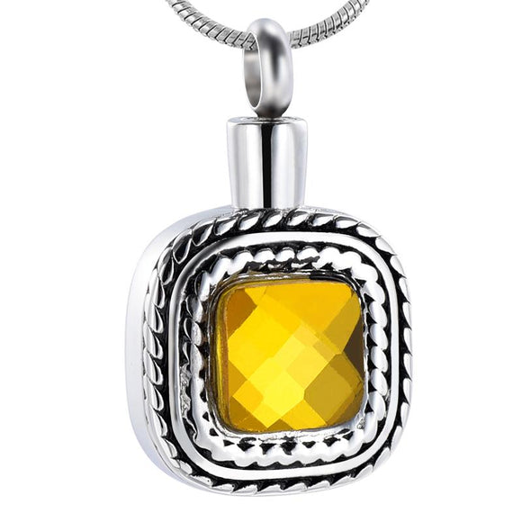 yellow crystal with silver border cremation memorial pendant necklace