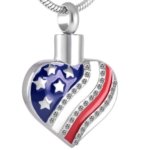 American Flag Silver Heart Cremation Memorial Pendant Necklace