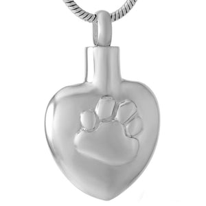 Silver Heart with paw print cremation memorial pendant necklace