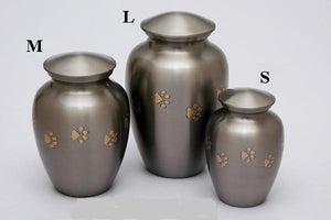 small medium and large pewter urn with paw prints