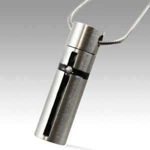 Silver Cylinder with Black Cross Cremation Memorial Pendant Necklace
