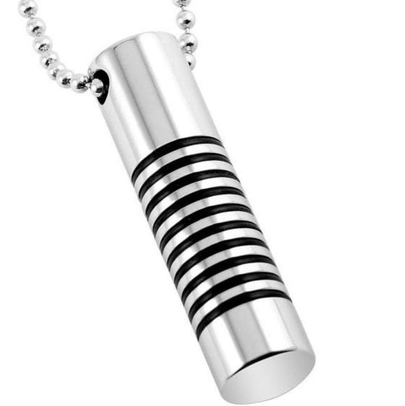 Silver Cylinder with Black rings cremation memorial pendant necklace