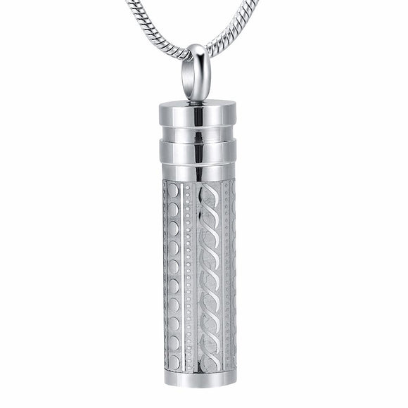 Silver designed cylinder cremation memorial pendant necklace