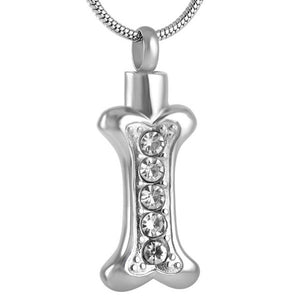 Silver Dog Bone with crystals cremation memorial pendant necklace