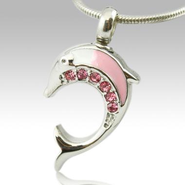 Silver dolphin with pink stones cremation memorial pendant necklace