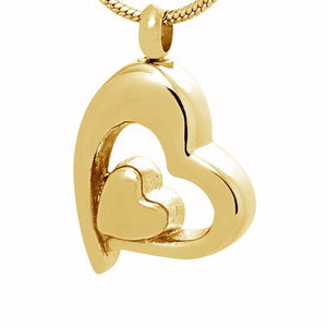 Gold Open Heart with small gold heart inside cremation memorial pendant necklace
