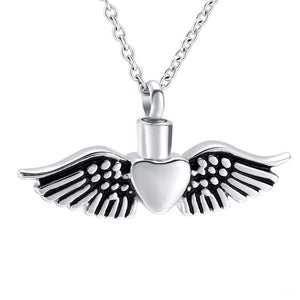 silver heart with black detail wings cremation memorial pendant necklace