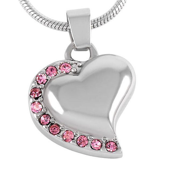 Silver heart with pink stones cremation memorial pendant necklace