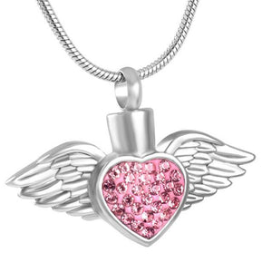 silver heart and wings with pink stones cremation memorial pendant necklace