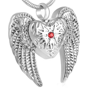 silver heart with a red stone and wings cremation memorial pendant necklace