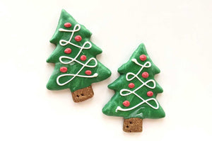 2 green decorated Christmas tree dog treats