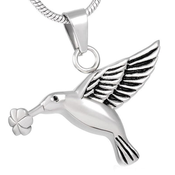 silver hummingbird with flower cremation memorial pendant necklace