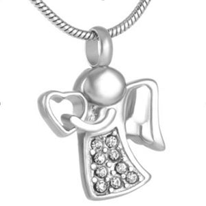 silver angel holding heart cremation memorial pendant necklace