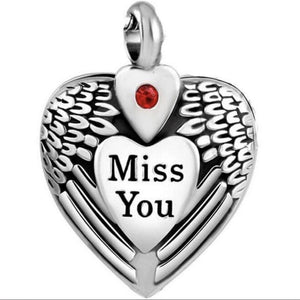 2 silver heats with red stone and wings Miss You Cremation Memorial Pendant Necklace