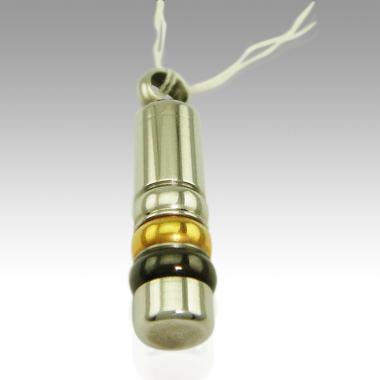 silver cylinder with gold and black bands cremation memorial pendant necklace
