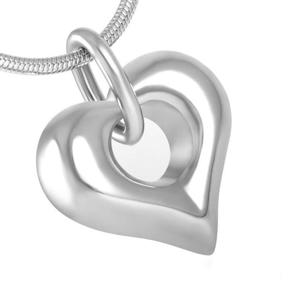Silver heart with circle opening cremation memorial pendant necklace