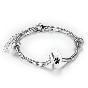 Silver Cross Bead Cremation Memorial Bracelet with paw print