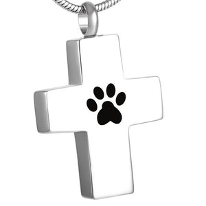 Silver Cross with Paw Print cremation memorial pendant necklace