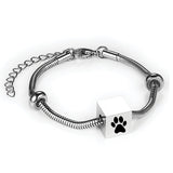 Silver Cube Bead Cremation memorial pendant bracelet with paw print
