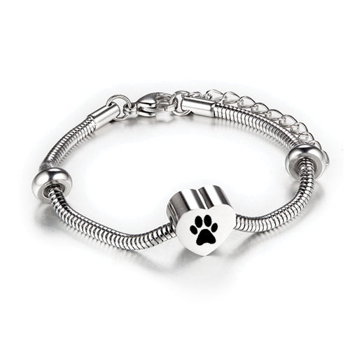 silver heart bead cremation memorial bracelet with paw print