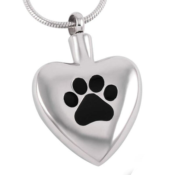 silver heart with black paw print cremation memorial pendant necklace