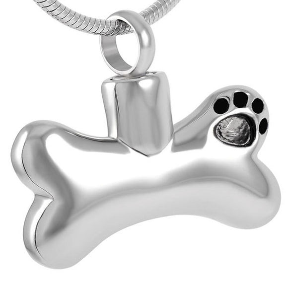 silver dog bone with black paw print cremation memorial pendant necklace