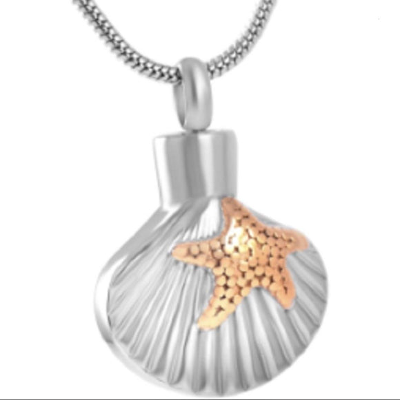 Silver Sea shell with gold starfish cremation memorial pendant necklace