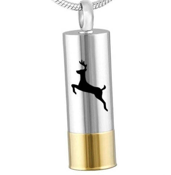 silver and gold shotgun shell with deer cremation memorial pendant necklace
