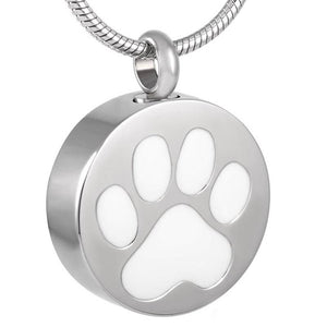 silver circle with white paw print cremation memorial pendant necklace