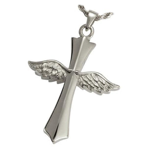 silver winged cross cremation memorial pendant necklace