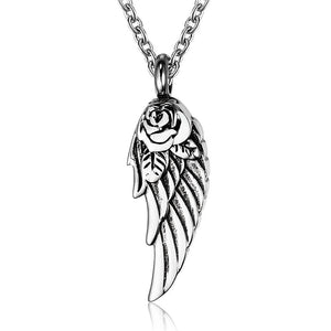 silver rose with wings cremation memorial pendant necklace