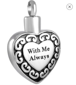 silver with me always heart cremation memorial pendant necklace